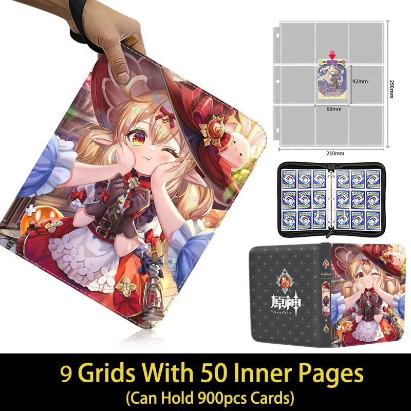 Genshin Impact Card Binder Collector Book Folder 4/9 Pocket Zipper Anime Trading Game Card Album Holder con 50 pagine interne