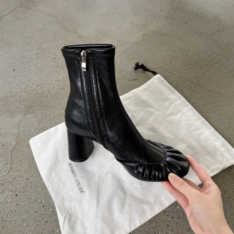 MKKHOU Genuine Leather Ankle Boots Women Ruched Round Toe Side Zipper Block Heel Stretch Slim Booties Fall Winter Boots Women view 6