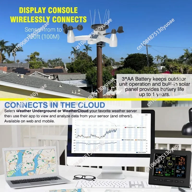 0360 Wi-Fi Weather Station Wireless Outdoor Solar Powered 7-in-1 Weather Sensor LCD Console Display Weather Forecast