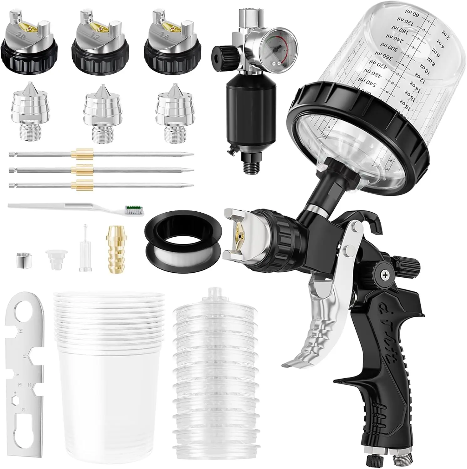 HVLP Air Spray Gun with 3 Nozzle Sizes & Regulator, Includes 10 Mixing Cups for Car, Furniture Painting