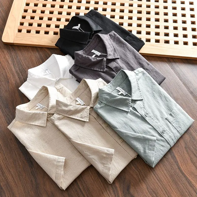 

Men's Cotton Linen Short Sleeve Lapel Shirt Solid Color Button Down with Chest Pocket Breathable Loose Fit Outdoor Vacation Wear