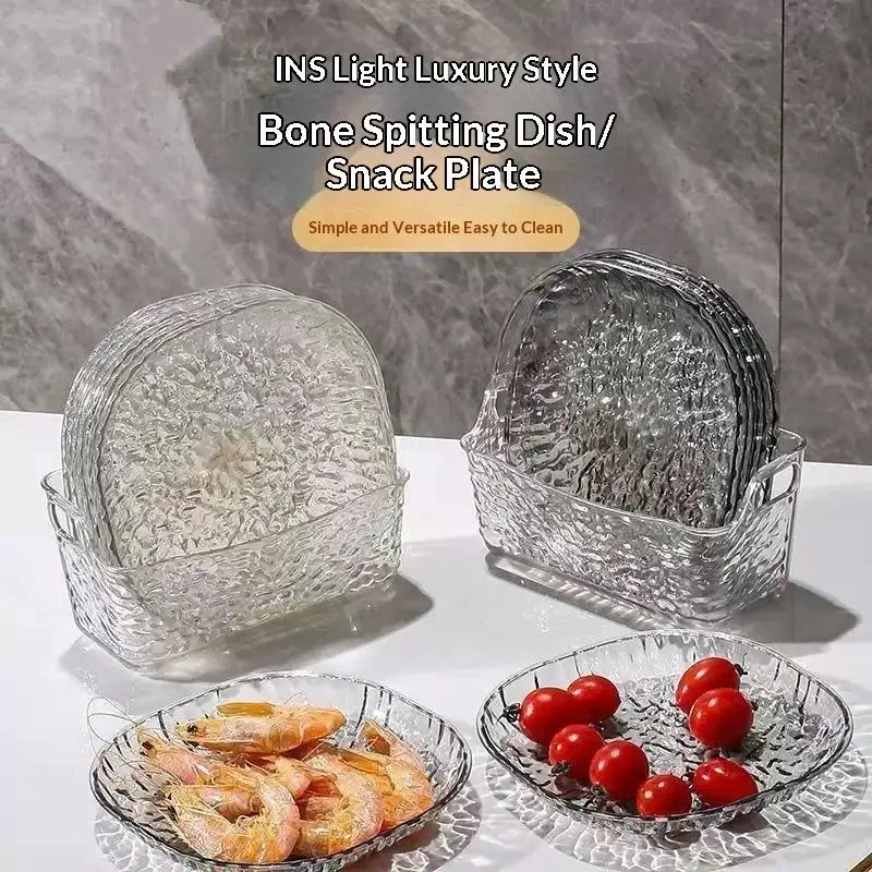 【W】8PC Clear Glass Plates With Holder,Light Luxury Glacier Pattern Snack Dishes,Small Appetizer Plates For Bones,Fruits,Desserts