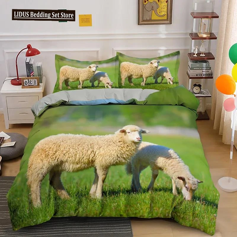 Sheep Duvet Cover King Queen Size Lovely Farm Animals Bedding Set For Kids Teens Adults White Goat 2/3pcs Quilt Cover Pillowcase
