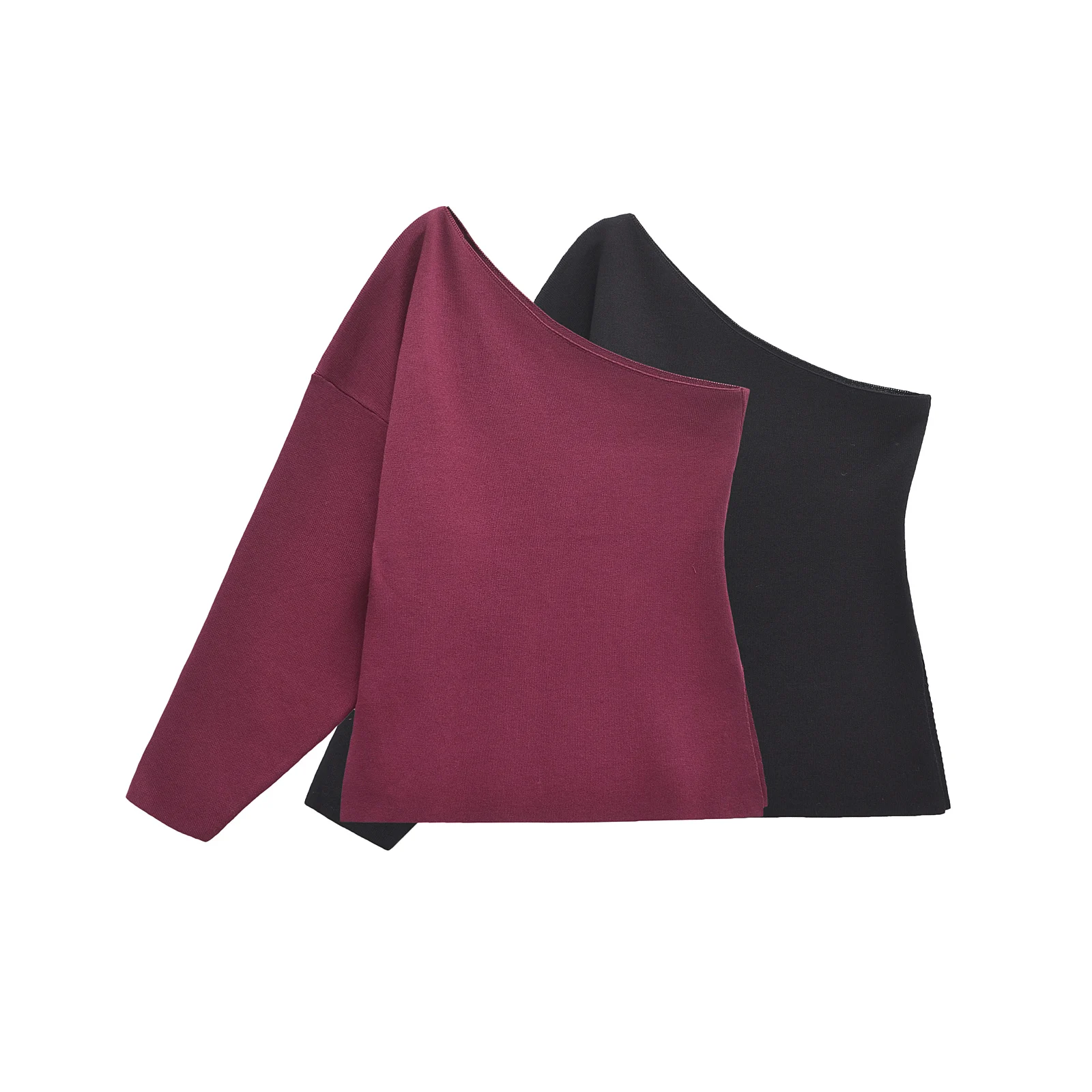 TRAF Classic Black Romantic Wine Red Elegant Single Long Sleeve Bottom Side Slit Women Slim Irregular Knit Sweater 2142108