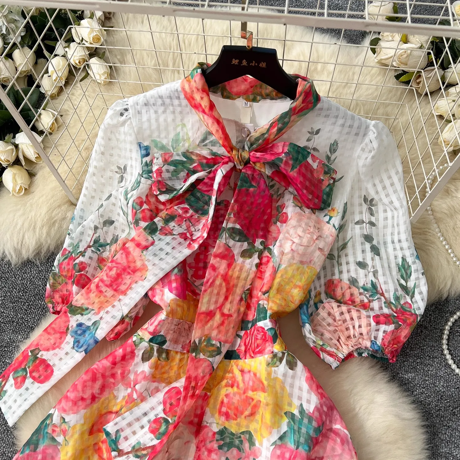 Summer Bohemian Gorgeous Flower Chiffon Maxi Dress Women's Bow Tie Short Puff Sleeve Floral Print Holiday Boho Long Robe Vestido