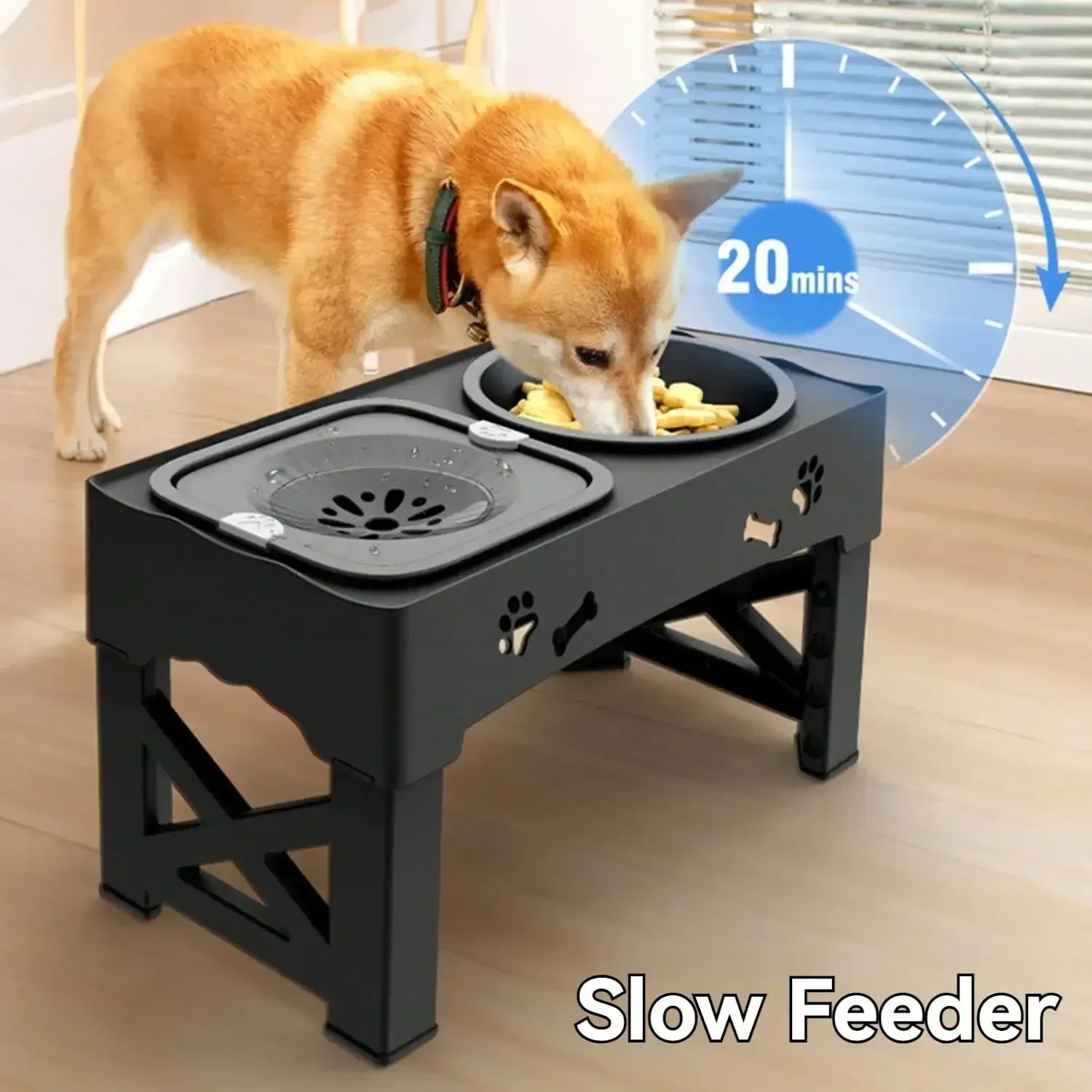 

Pet feeder double bowl integrated lifting anti-tip high foot neck protection slow feeding bowl pet dog bowl Adjusts Heights