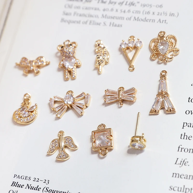 6pcs Micro-inlaid Zircon Heart Bear Bird Swallow Tower Pendant Diy Handmade Earrings Necklace Material Charms For Jewelry