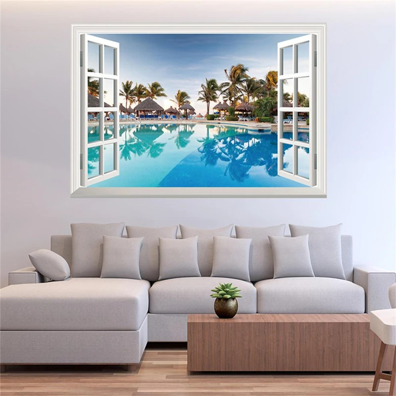 Sea View Mural Mare Palma 3D Wall Art Vinile Finestra finta Poster Adesivi Decorazione della casa Paesaggio Carta da parati per soggiorno