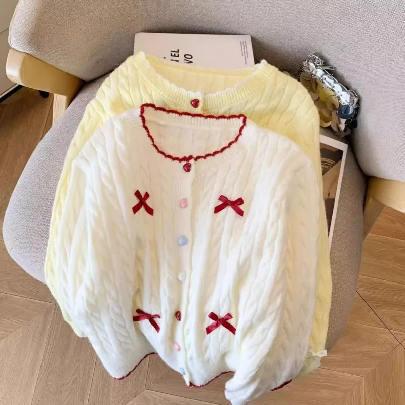 

Sweaters Women Korean Sweet Preppy Style Lovely Bow Fashion Design Girlish Cozy Autumn Knitwear Patchwork Cardigan Comfortable