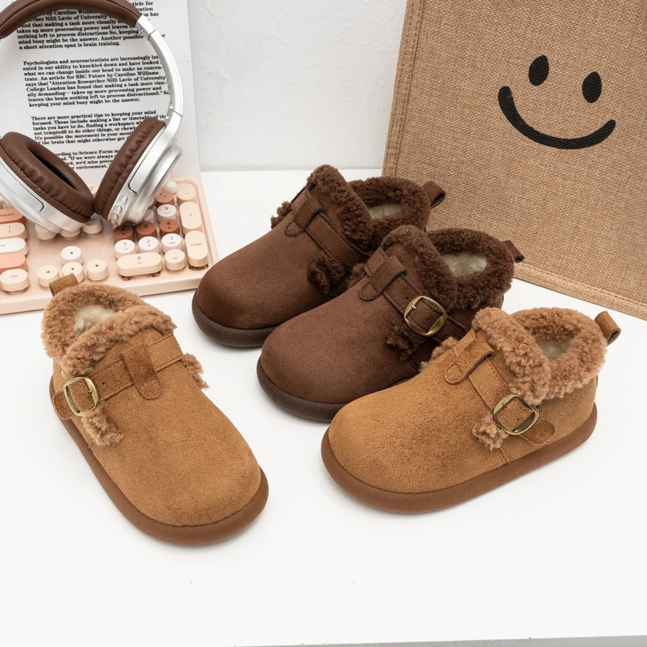 Kids Retro Faux‑Suede Winter Ankle Boots, Sherpa Cuff Adjustable Buckle Warm Fleece‑Lined Non‑slip Shoes