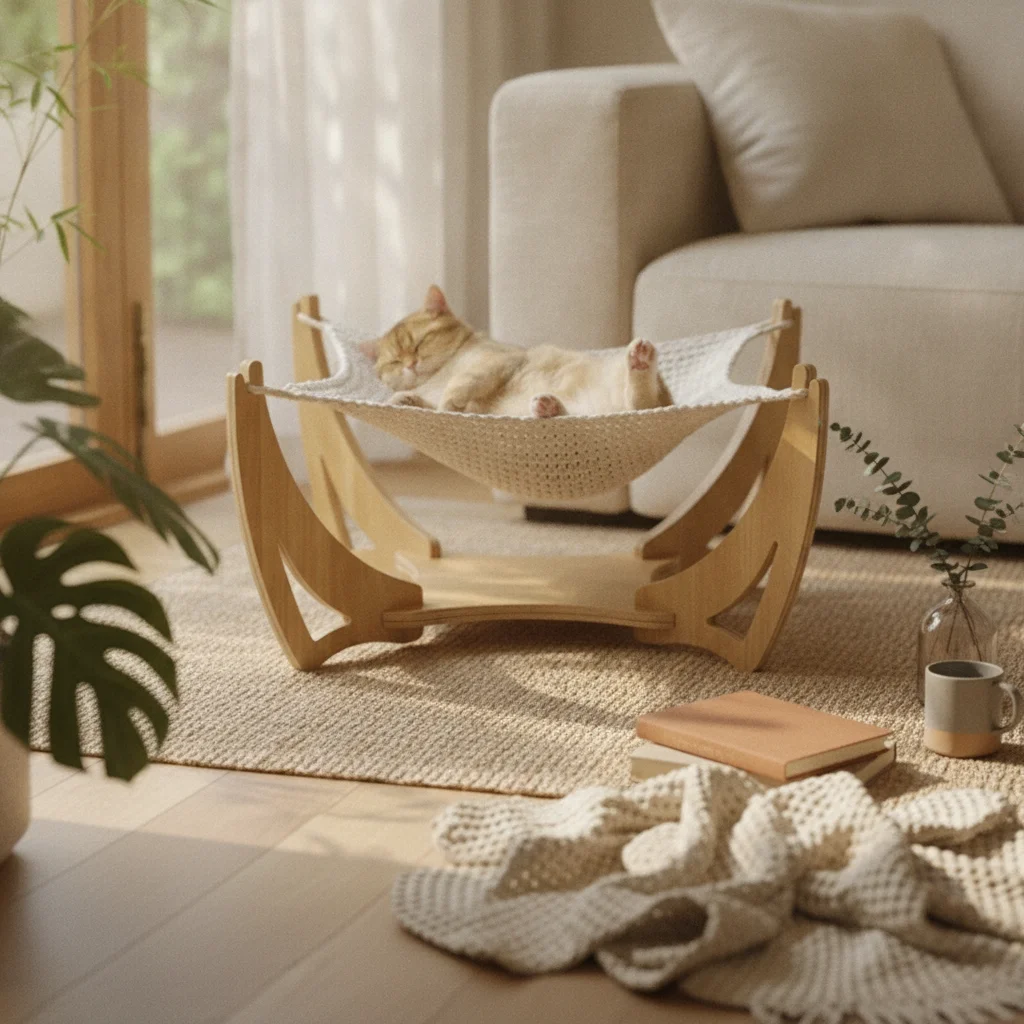 Lit suspendu pour chat à cadre ouvert, lit surélevé en bois pour animaux de compagnie, lit suspendu en corde crochetée pour chats d'intérieur