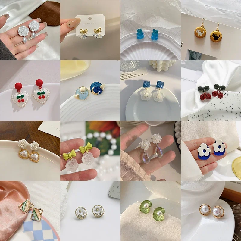 Korean Small Flower Pearls Ear Clip Earrings Temperament Cute Bear Cherry Flowers Clip on Earrings No Piercing for Women Party