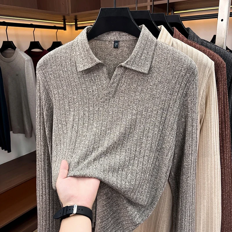 Men Polo Collar V‑Neck Knit Sweater Vertical Ribbed Texture Long Sleeve Soft Stretch Slim Fit Winter Casual Business Mens Tops view 6