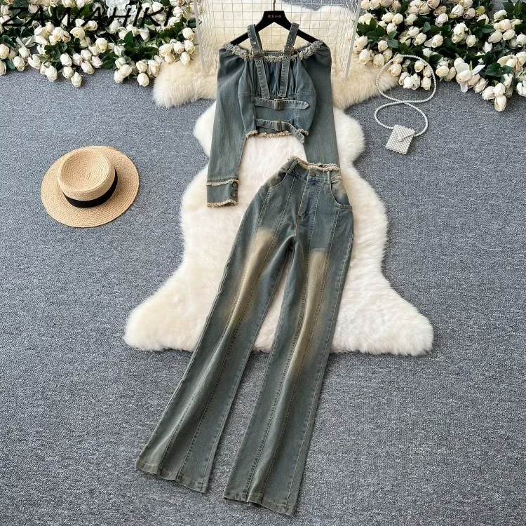 American Retro Two Piece Set Women Patchwork Off Shoulder Strap Denim Top + High Waist All Match Jeans Office Lady Ropa Mujer