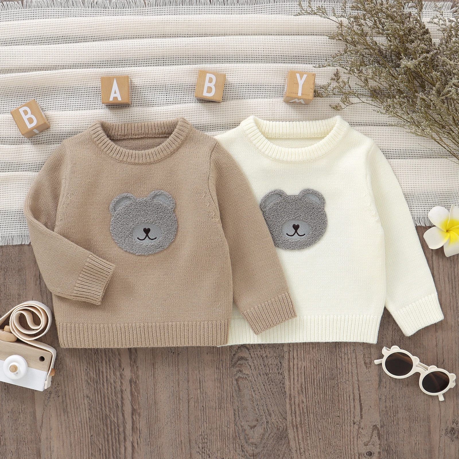 Baby Boy Girl Knit Sweater Bear Embroidery Crew Neck Long Sleeve Pullover Tops for Fall Winter 0-3 Years