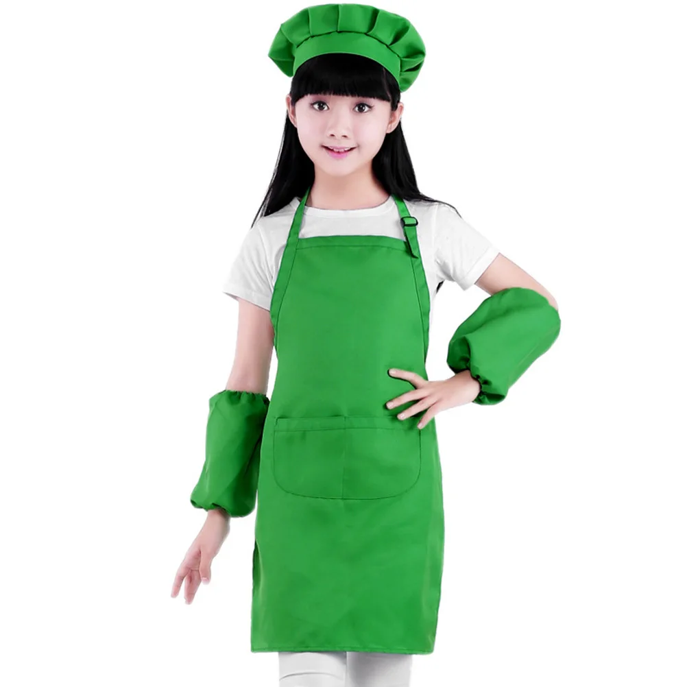 

2pcs Apron Hat Set Thick Soft Lightweight Waterproof For Baking Painting Cooking Grilling Outdoor Bbq 3-6 Years Green