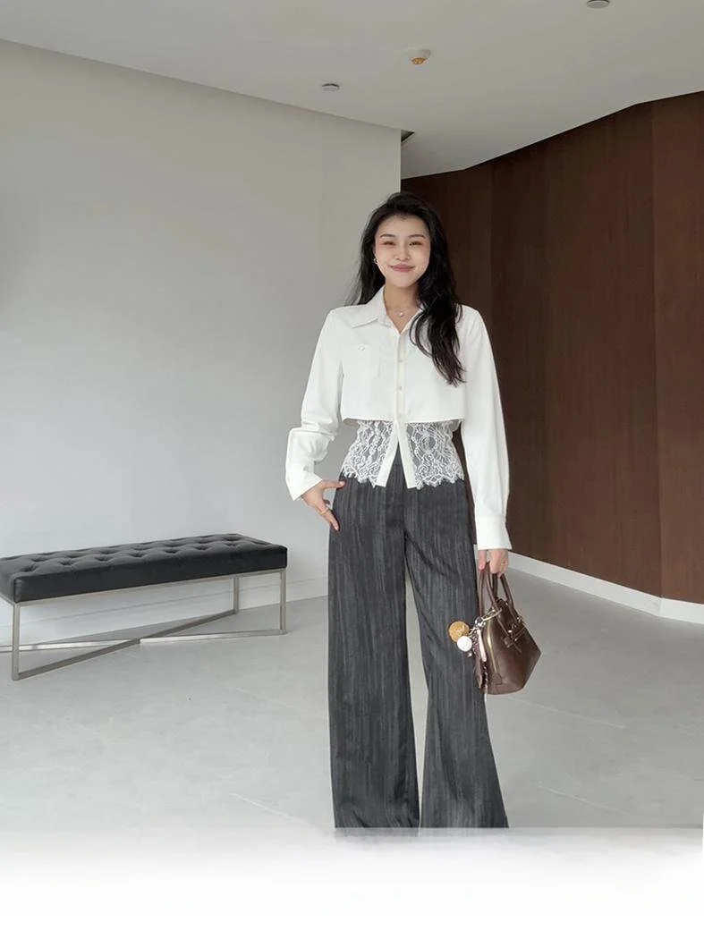 

Zhang a Xing North Love Moon Evening Korean Sle Lace Patchwork Belted Waist irt Texture Straight Leg Pants Women Set