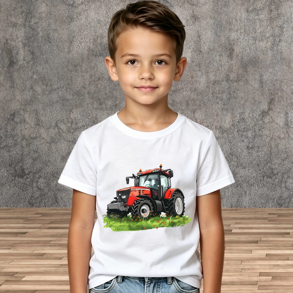 Summer Boys Cartoon Tractor Tops Children Kids Soft Pure Cotton Short Sleeve Casual Tees