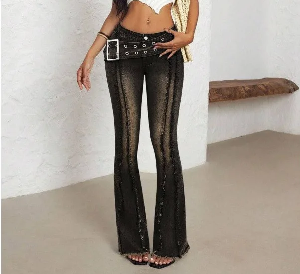 

Женские джинсы-клеш с эффектом кислотной стирки, высокая талия, с декоративными люверсами, Ropa Mujer