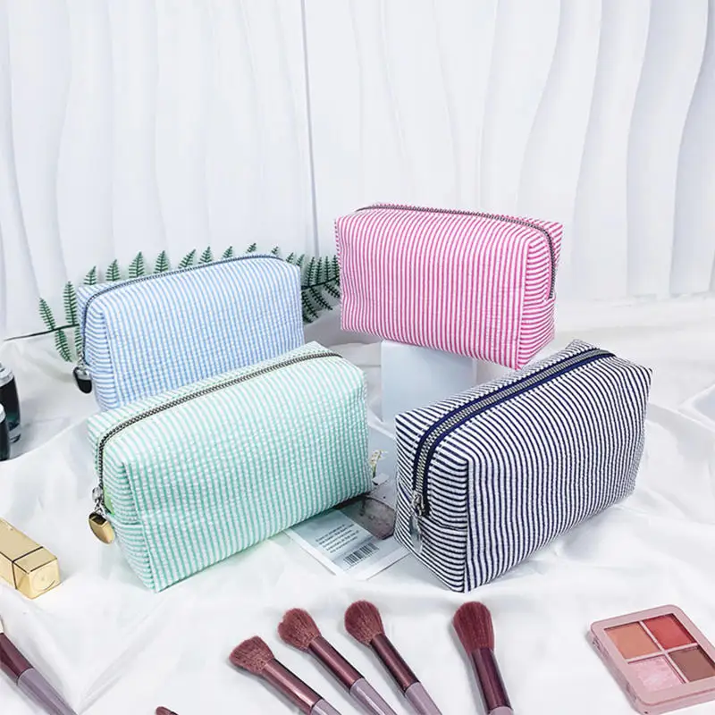 Seersucker Ruffle Cosmetic Bags Pink/Purple Striped Storage Make Up Bags for Women Lady with Zipper Travel Bag Makeup Bag