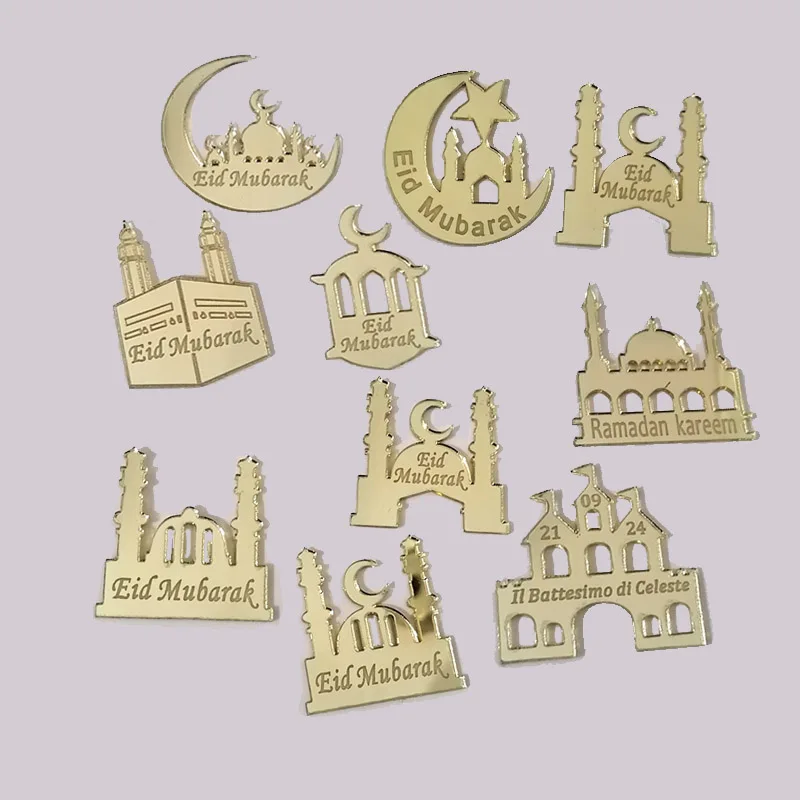 Eid Mubarak ayuda Mubark Ramadán Kareem Umrah Mubarak Musli islámico musulmán Hajj Kaaba decoración de pasteles etiquetas de espejo acrílico Luna estrella