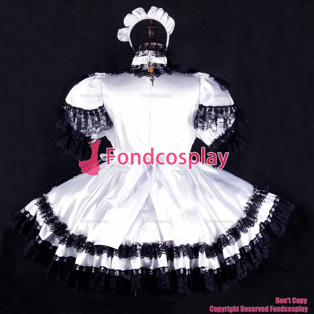 fondcosplay adult sexy cross dressing sissy maid short white satin dress black lace lockable Uniform costume CD/TV[G2328]