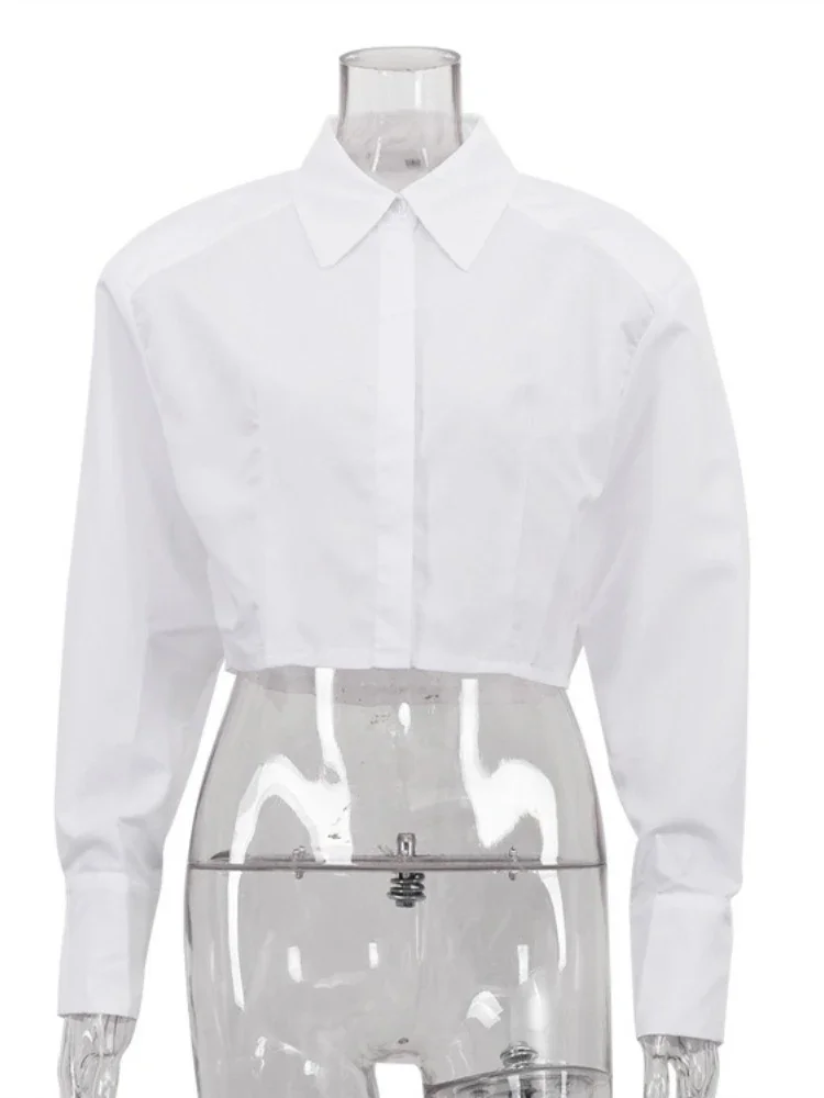 

White Turndown Collar Commuter Short Shirts For Women Long Sleeves Patchwork Cardigan High Waist Clothes Female Blouse Top