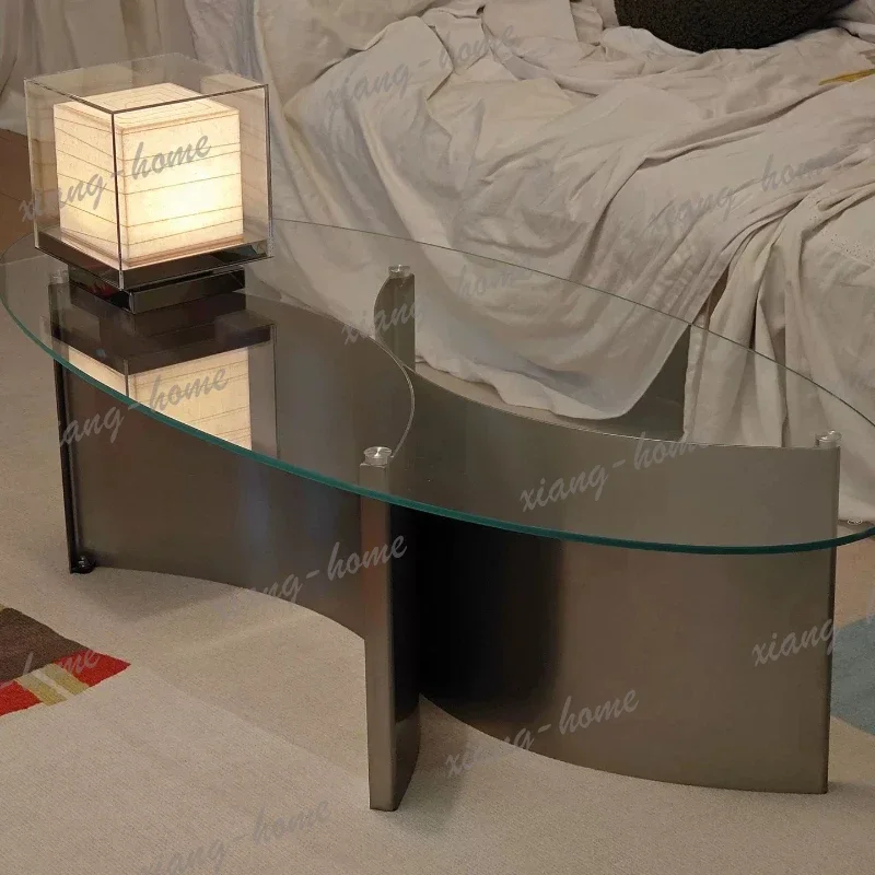 LJY Sleek Oval Tempered Glass Coffee Table with Polished Stainless Steel Frame Modern Living Room Furniture for Small Spaces