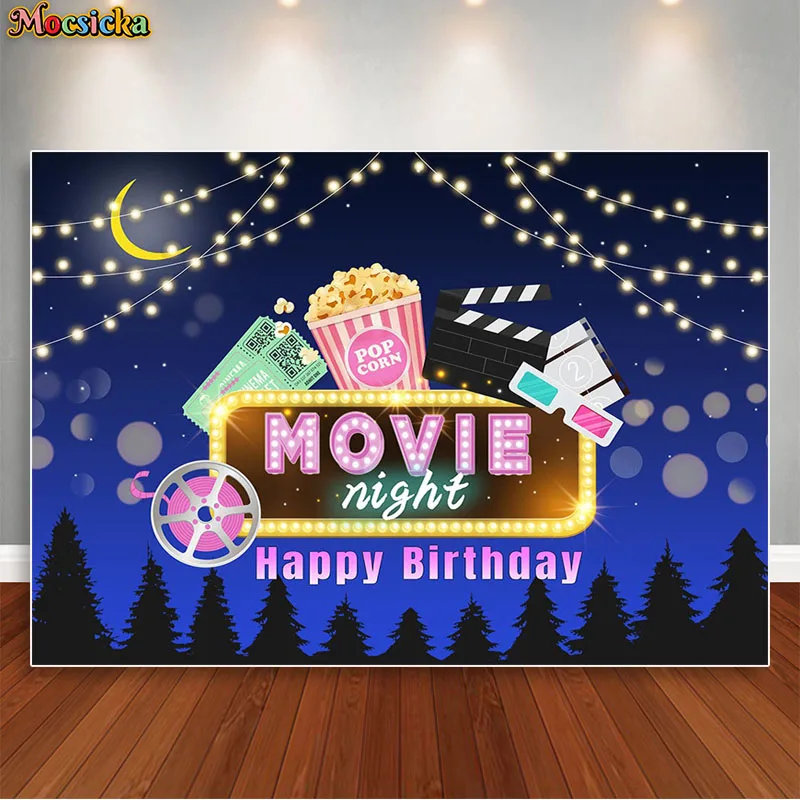 

Movie Night Backdrop for Birthday Party Photography Background Studio Props Moon String Decoration Supplies Banner Photoshoot