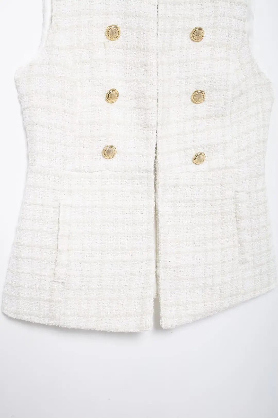 Tangada Women 2024 White Tweed Waistcoat With Buttons Vintage Sleeveless Female Coat BE0313