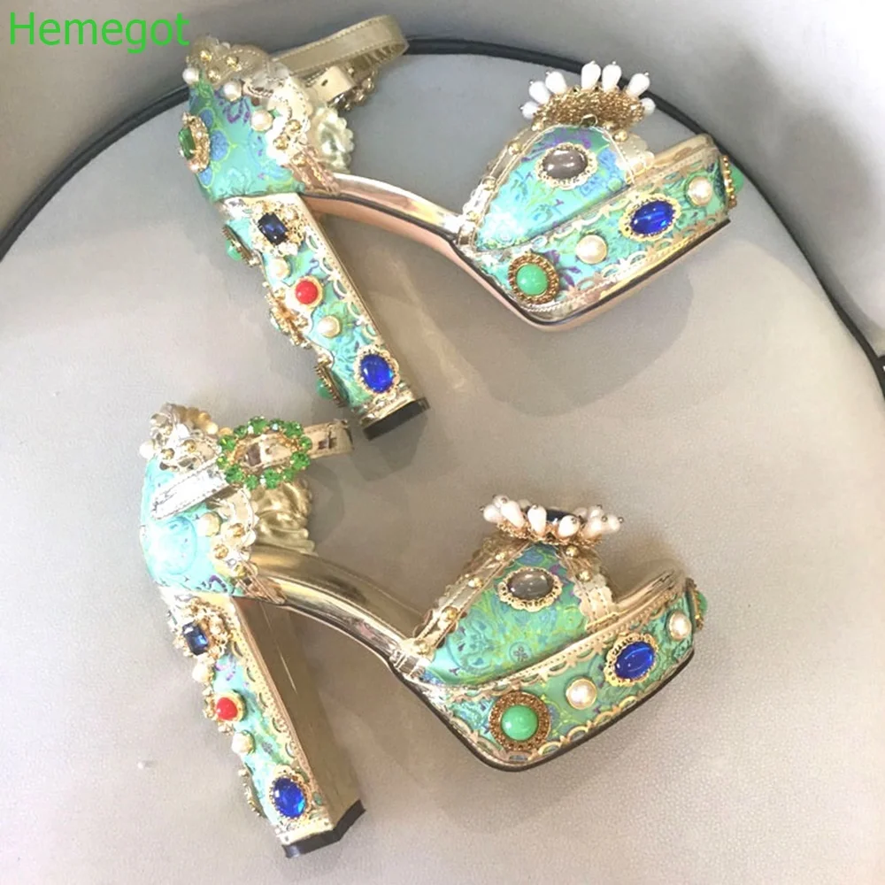 

Crystal Gem Bling Pearl Roman Sandals 2024 Summer New Retro Platform Hollow Cover Heel Peep Toe Plus Size 14Cm Women High Heels