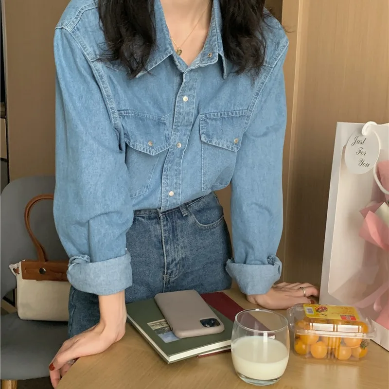 

New 2024 Autumn Spring Women's Blouses Casual Fashionable Denim Jacket Jean Shirts Pocket Korean Style Minimalist Lady Tops F037