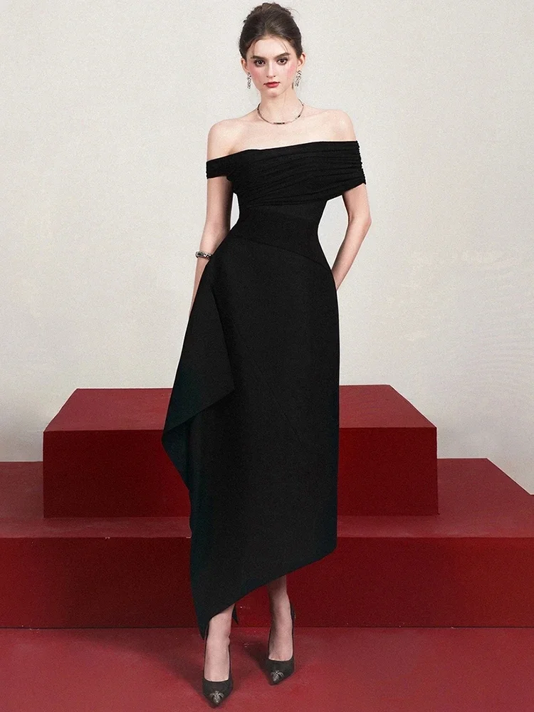 

2025 сексуальное плиссированное асимметричное длинное платье с открытыми плечами, женские черные платья трапециевидной формы со складками без рукавов, элегантные вечерние платья