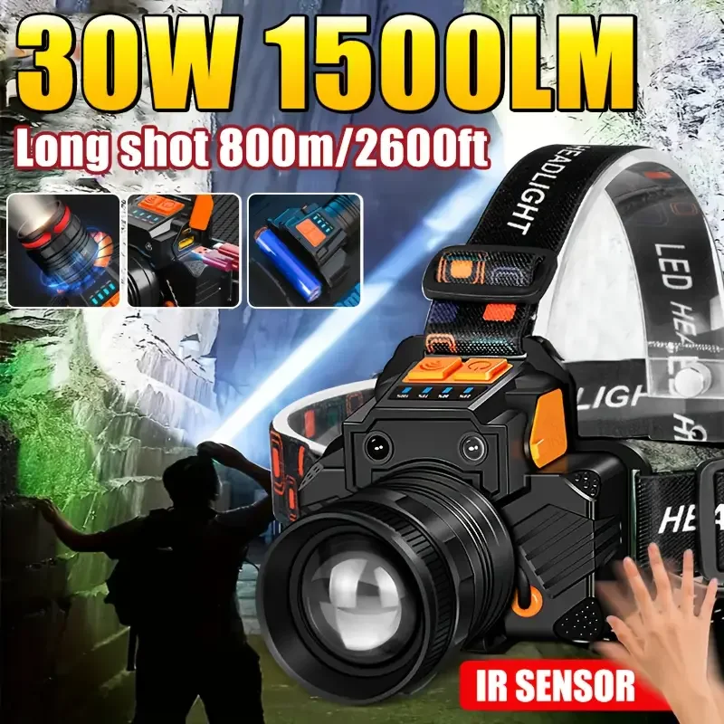 Ultra-Bright 30W LED Headlamp – 800m Range, Motion Sensor, USB Rechargeable – Perfect for Camping, Fishing & Outdoor Adventures