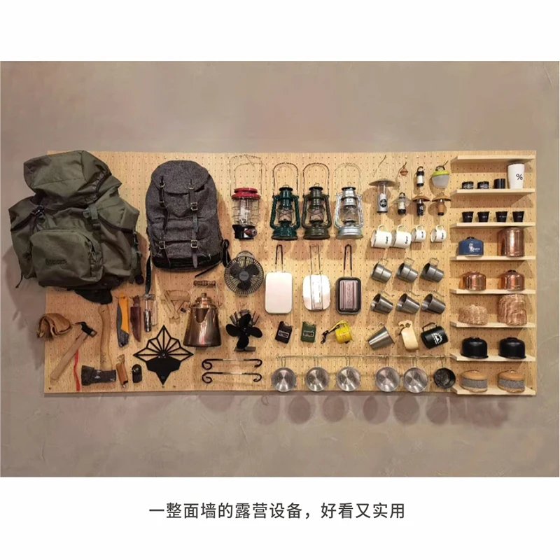 

Camping hole board, outdoor equipment, tool wall, storage rack, wooden display stand, wall mounting shelf