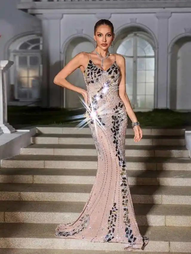 Vestido de noite sereia brilhante, alça espaguete, lantejoulas, vestidos de baile, luxuoso, cristal, até o chão, vestidos de festa personalizados