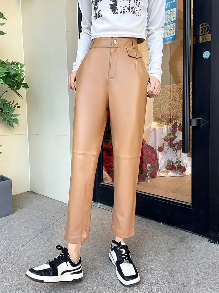 Women Genuine Leather Pants Spring High Waist Pencil Pants Casual Ankle Length Trousers High Street Female Sheepskin Harem Pants