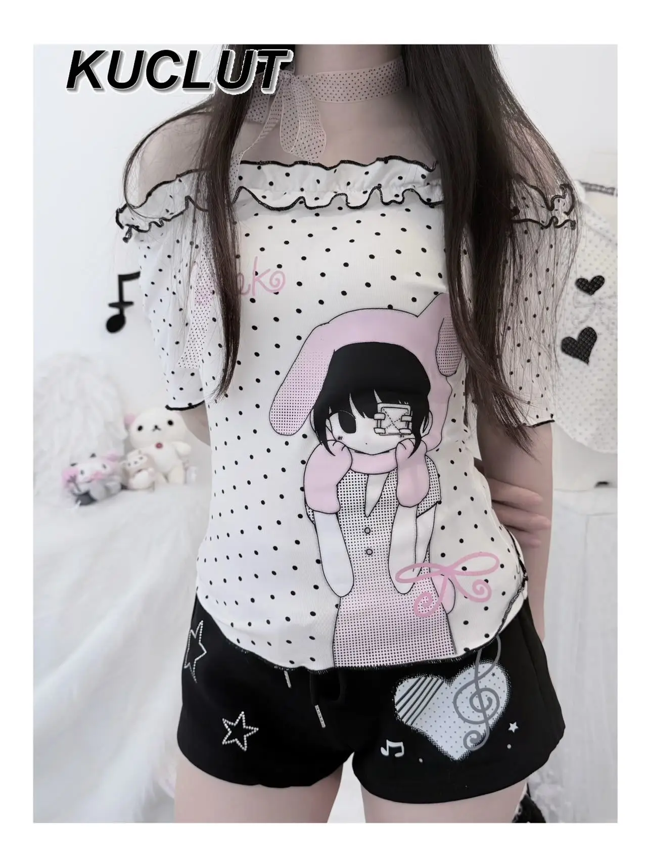 

Polka Dot One-word Shoulder Casual Tees Korean Subculture Fashion Short Sleeve T-shirts for Women Summer Crew Neck Tshirt