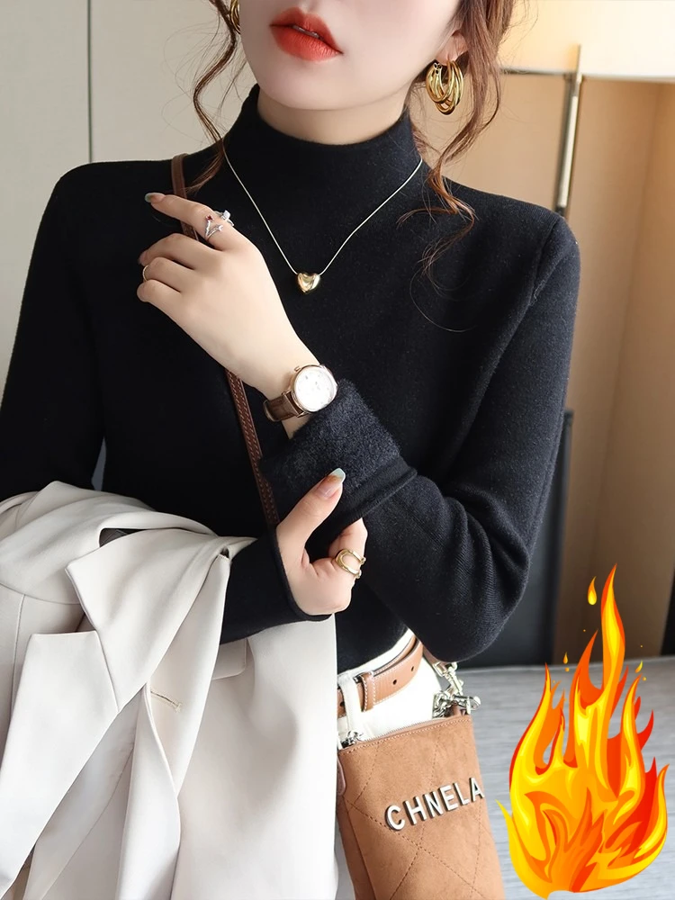 

Zjaiss Women Knitted Fleece-Lined Thick Sweater Korean Style Basic Versatile Tops New Autumn Winter 2025 Solid Warm Pullovers