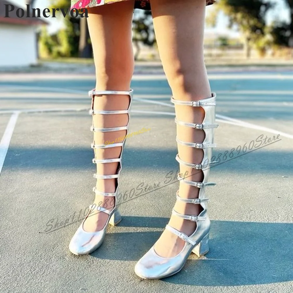 Glossy Leather White Buckle Strappy Boots Thick Heel Shoes For Women Back Zipper Round Toe 2024 Fashionable Zapatos Para Mujere