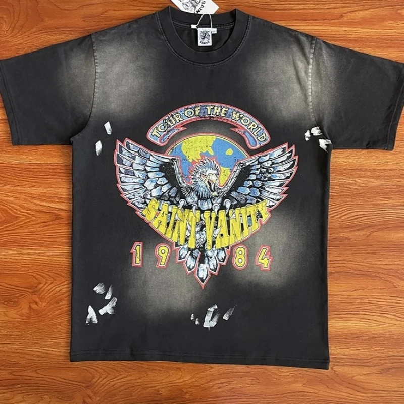 Saint Vanity Tee Top High Street Hip Hop Distressed Eagle Print Cotton Round Neck Short Sleeve T-shirts