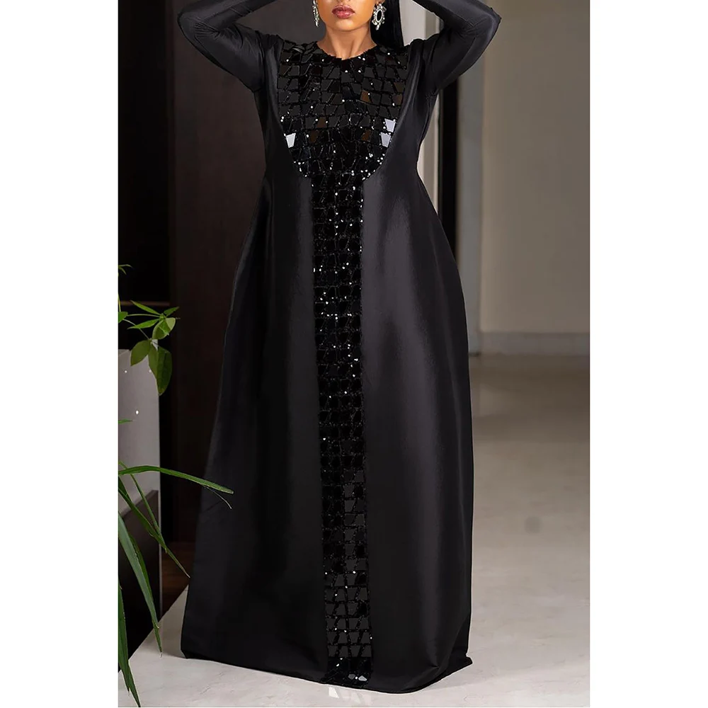 Plus Size Fashion Women\'s Black Satin Sequin Dress 2024 Long Sleeve Maxi Dress Casual Holiday Solid Color Robe