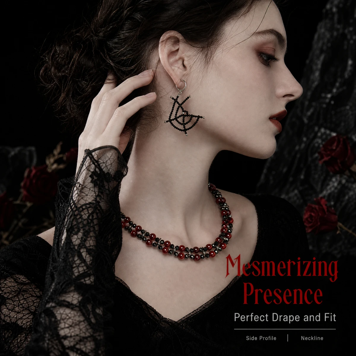 Gothic Black Spinel & Red Onyx Necklace, Halloween Gift