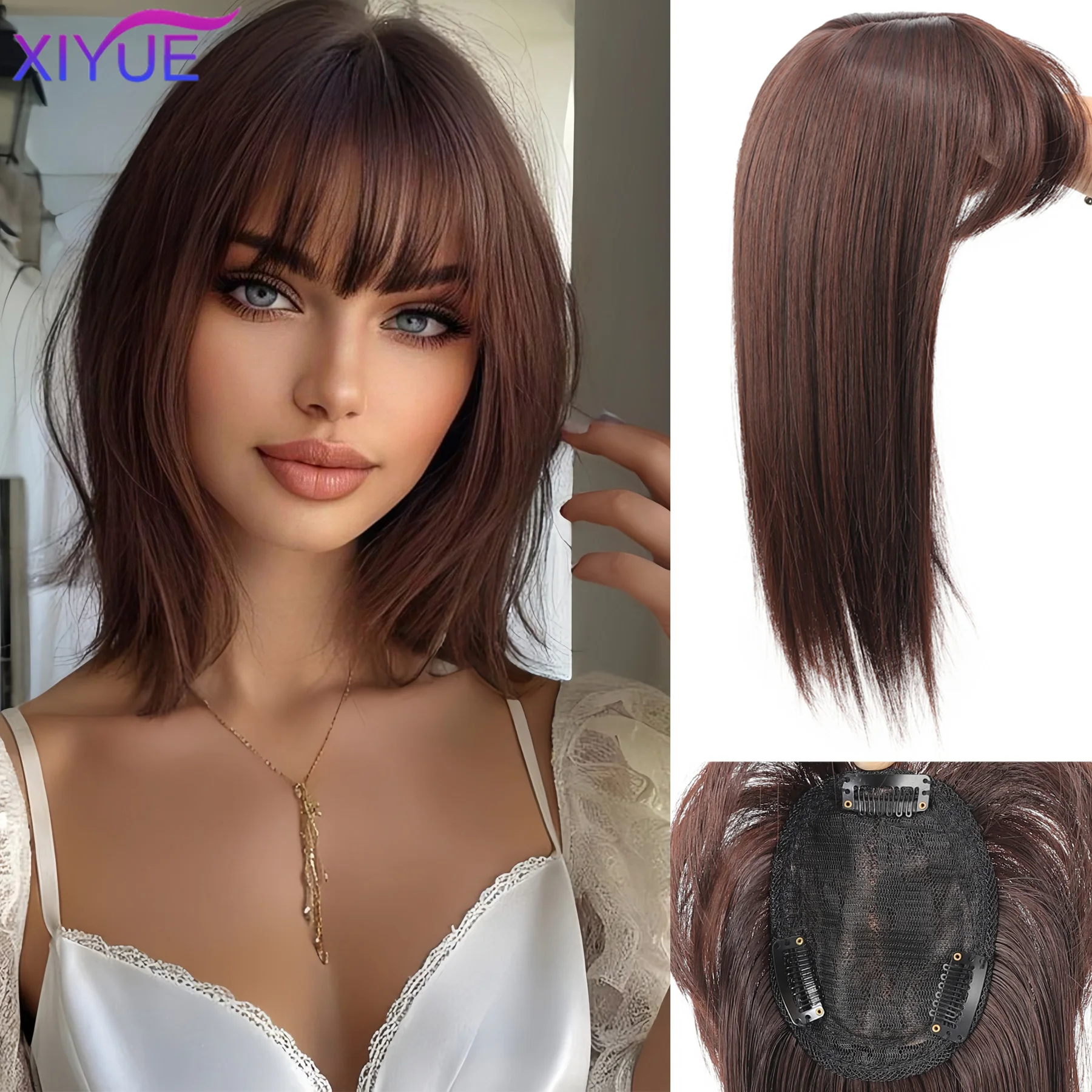 XIYUE Topper Hair Piece Invisible Seamless Long Straight Wig Bangs Clip Overhead Natural Invisible Replacement Cover White Hair