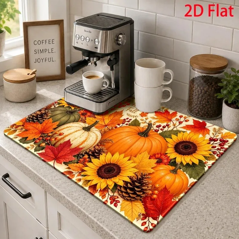 Dish Drying Mat 2D Flat Thanksgiving Pumpkin Cushion Super Absorbent Sunflower Fall Leaf Espresso Machine Placement Rug