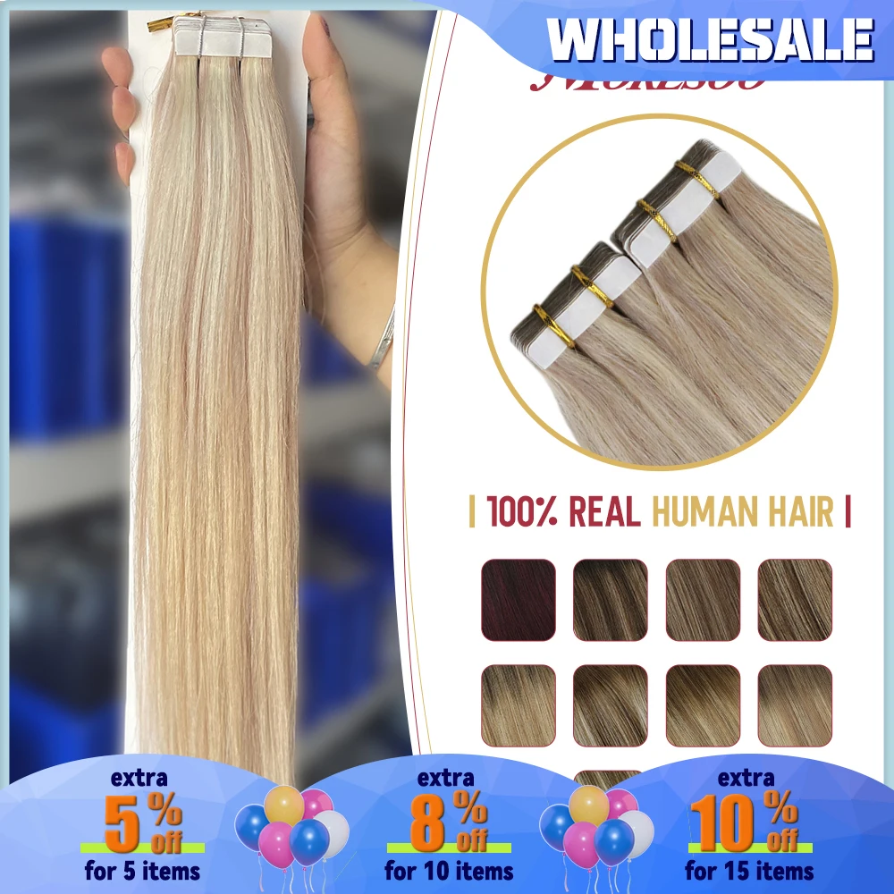 

Moresoo Human Hair Extensions Tape in Remy Ash Blonde Highlight Hair Silky Straight Hair Extensions 100% Real Tape in Human Hair