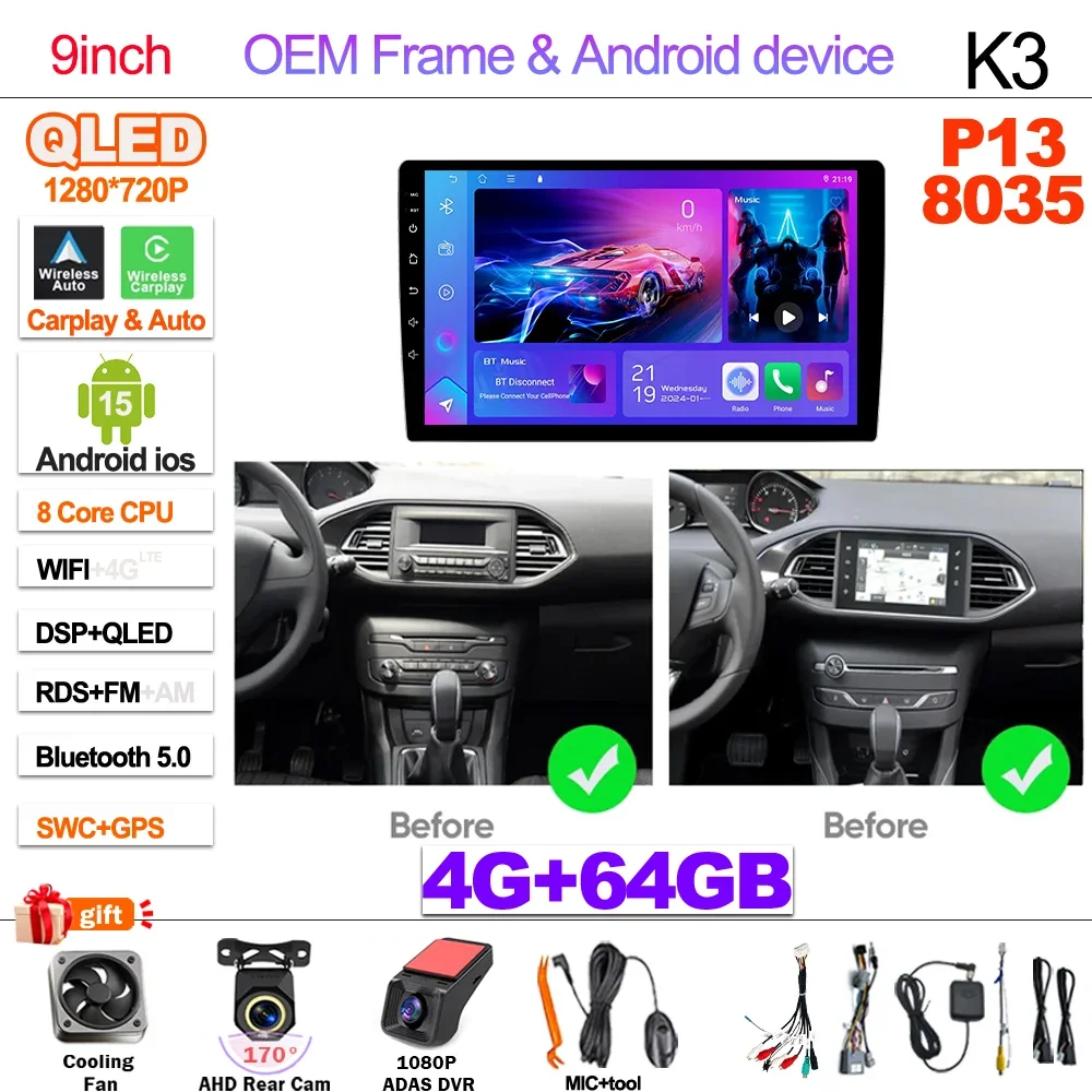 Android 15 Autoradio Voor Peugeot 308 T9 308S 2013-2017 Multimedia Video Player Navigatie WIFI Geen 2din DVD Touchscreen GPS 4G
