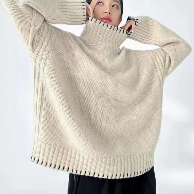 

% шерстяная водолазка, внутренняя одежда, однотонный вязаный топ, женский корейский стиль, осень-зима, свободный ленивый стиль, утолщенная основа Shi