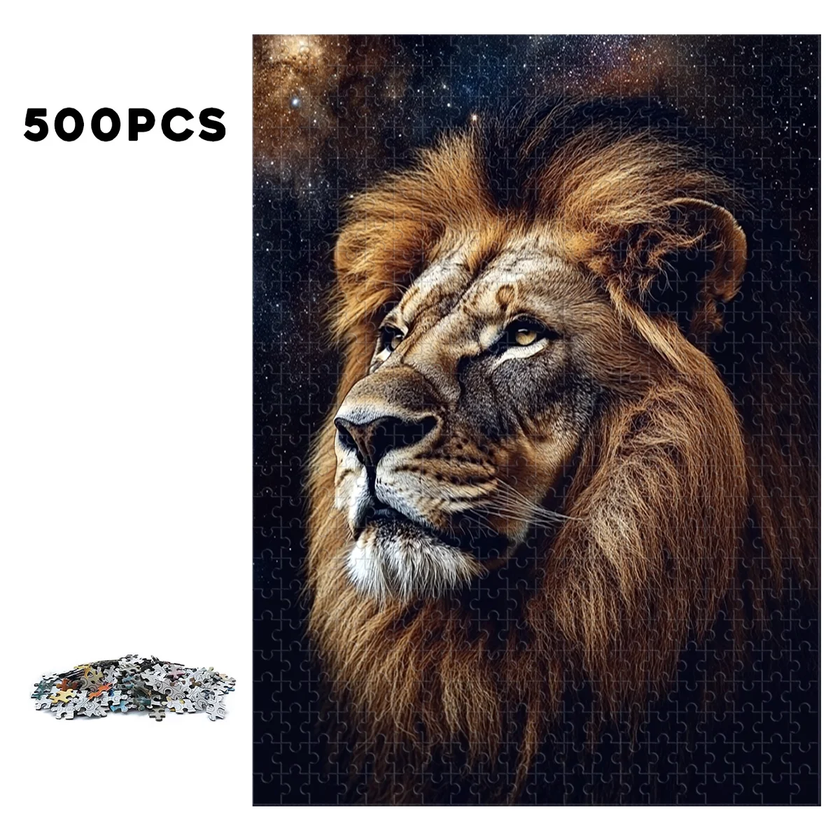 500/1000 قطعة من أحجية الصور المقطوعة الخشبية على شكل أسد السماء المرصعة بالنجوم - أسد مهيب مع خلفية المجرة الكونية، ألوان نابضة بالحياة، تحدي Br