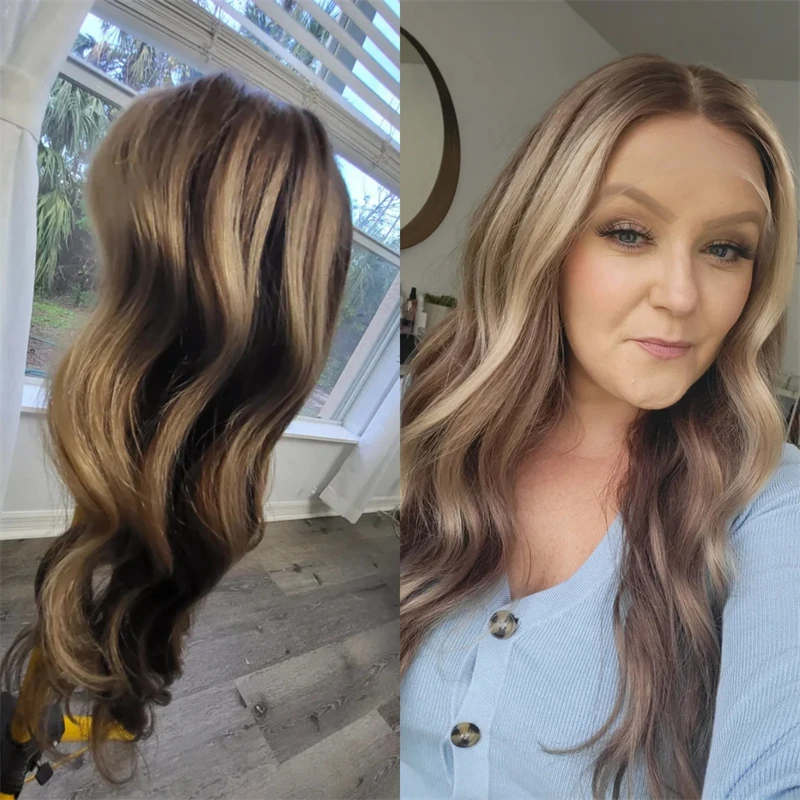 

Свободные части париков Выделите Ombre Коричневый Смешанный Блондин Длинные Волны Бесклеевые Синтетические Парики Фронта Шнурка для Женщин 150 Плотность 24 Дюйма